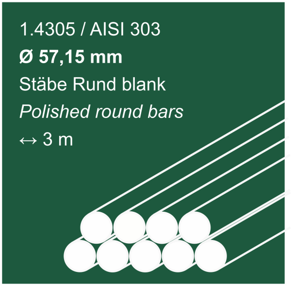 Edelstahlstäbe aus 1.4305 (303), 57,15 mm Durchmesser, 3000 mm lang, auf sandfarbigem Hintergrund abgebildet